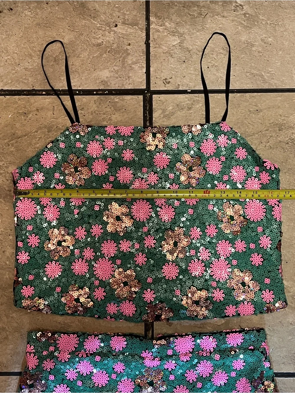 TOPSHOP Size 8 Green Pink Sequin Floral Crop Top Mini Skirt 2 Piece Set